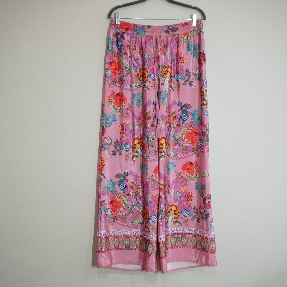 Tahari Women's Pink Paisley Wide Leg Pants Boho Indie Casual Lightweight